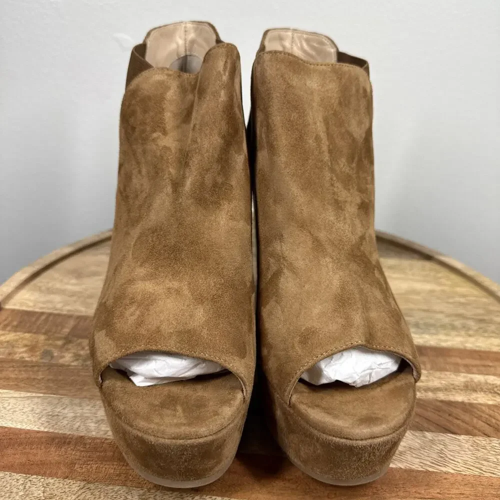 Dee Keller Suede Open Toe Pull On Platform Wedges‎ Caramel Size 38 Italy